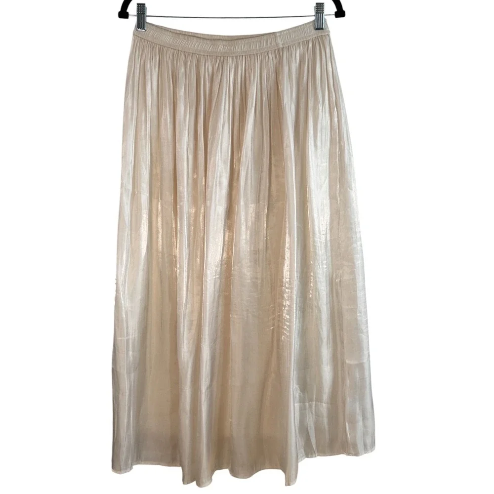 Shimmery Ivory Satin Maxi Skirt Sz M‎ Elastic Waist Flowy Bridal Romantic Fairy